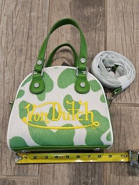 Von Dutch Green & White Logo Mini Bowling Hand Bag with Yellow Embroidery